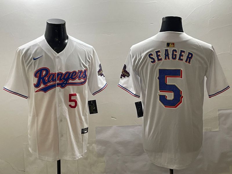 Men Texas Rangers #5 Seager White Gold Game 2025 Nike MLB Jersey style 4